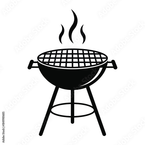 Simple black and white icon of a round barbecue grill with smoke