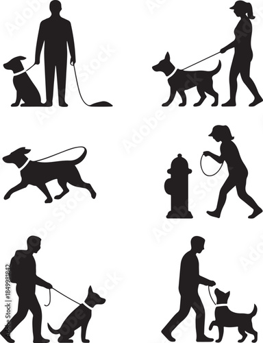 Dog Walking Silhouette Icon Set