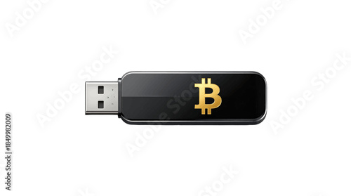 Black USB flash drive with gold Bitcoin logo