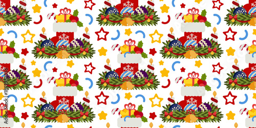 Seamless Christmas pattern featuring decorated wreaths with ornaments and Santa stockings, surrounded by colorful confetti on white background. Ideal for festive textiles and gift wrap paper
