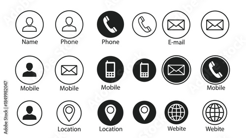 A collection of circular icons representing contact information such as name, phone, mobile, email, location, and website, presented in both outline and solid black fill styles against a white