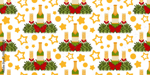 Seamless Christmas pattern with festive wreaths decorated with red bow, champagne bottle, and glasses, surrounded by stars on white background. Perfect for elegant holiday textiles and packaging 