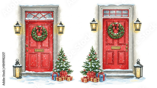 Watercolor Christmas Red Front Door with Wreath, Lanterns, Snow and Gift Boxes