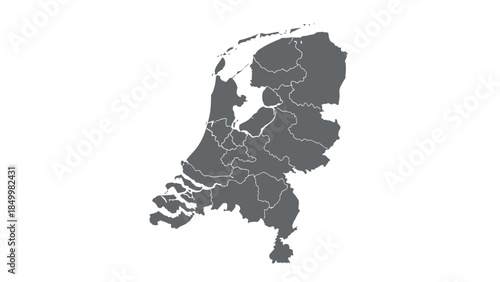 A grey map of the Netherlands, divided into provinces, is shown against a white background, representing the country's administrative divisions and geography.