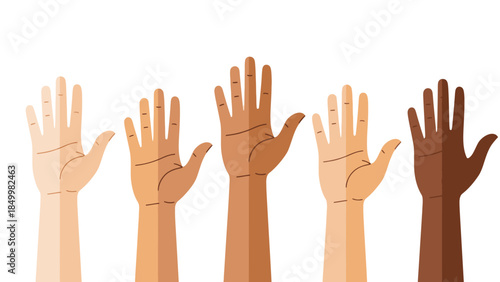 Five hands, each with a different skin tone, are raised upwards against a white background, symbolizing diversity and unity.
