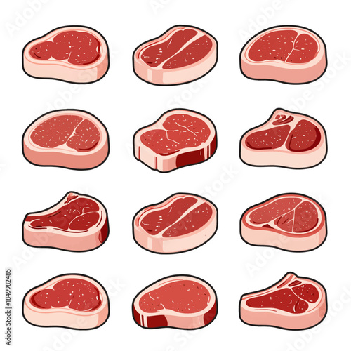Collection of Raw Meat Steak Cuts Isolated