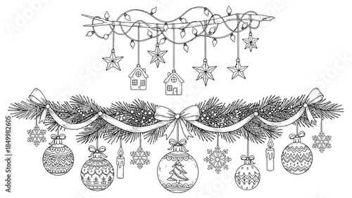 A festive Christmas garland and string lights adorn a decorative branch, showcasing ornaments, snowflakes, candles, and miniature houses for holiday cheer.