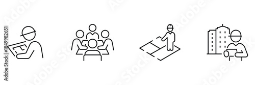 Architecture workflow icon set, engineer reviewing plan, project team meeting, site layout supervision, city building inspection professional outline illustration.