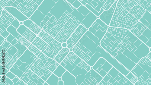 A stylized, abstract overhead view of a city map with white lines on a teal background, showing roads, intersections, and blocks.