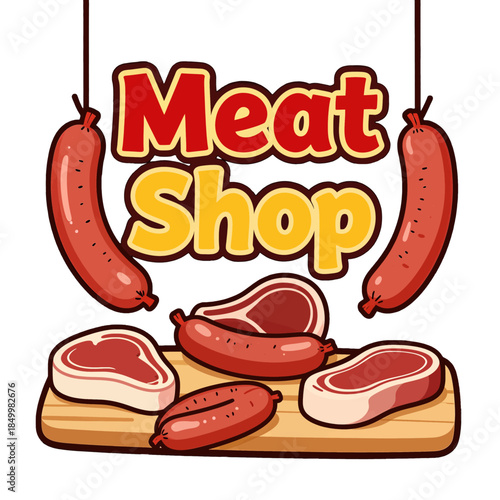 Colorful meat shop sign with sausages and meat cuts