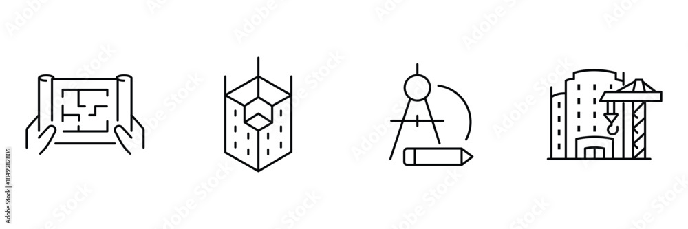 Obraz premium Architecture planning icon set, hands holding blueprint, isometric building model, compass pencil drawing, city construction crane development illustration.