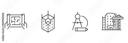 Architecture planning icon set, hands holding blueprint, isometric building model, compass pencil drawing, city construction crane development illustration.