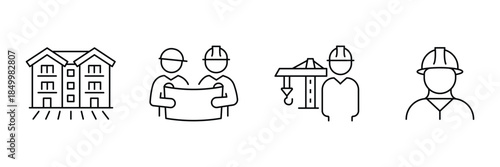 Construction architecture icon set, apartment building, engineers discussing blueprint, crane operator supervision, safety helmet worker outline illustration.