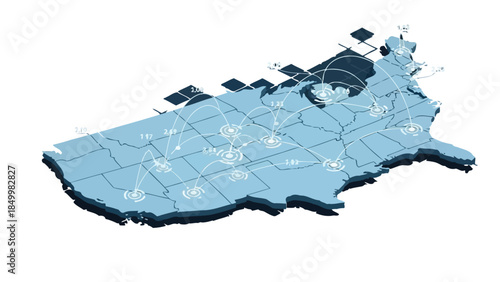 A stylized map of the United States is depicted with interconnected nodes representing data or communication lines across various states and cities, suggesting a network or connectivity concept.