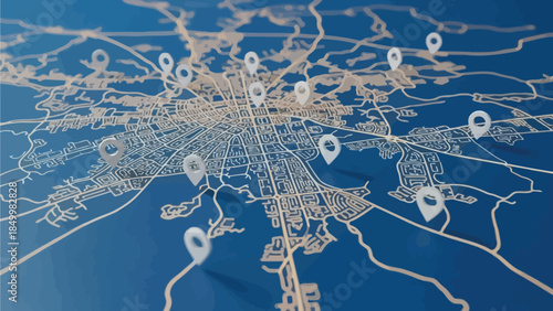 A stylized, abstract map displays numerous location pins spread across a city grid, representing points of interest or data markers.