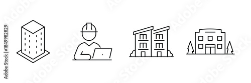 Architecture development icon set, isometric office tower, engineer using laptop, modern townhouse building, public institution outline illustration.