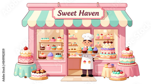 Cute bakery shop with colorful cakes and desserts