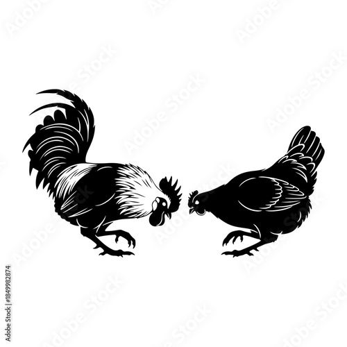 A striking black and white illustration of two chickens in an intense confrontational pose