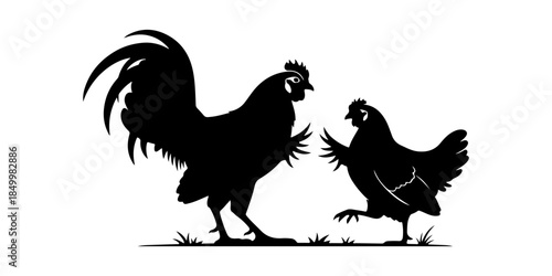 Dynamic black silhouettes of a rooster and hen in an engaging playful or dancing interaction