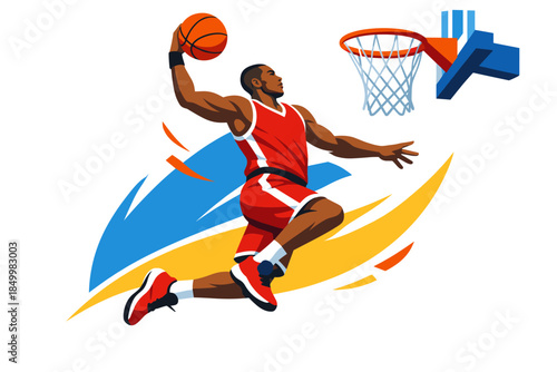 Dynamic basketball player dunking in action with energetic colors