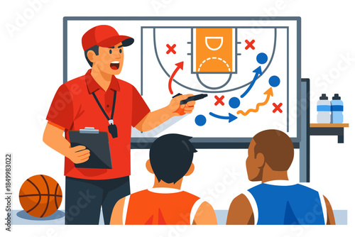 Basketball coach teaching strategy to players on court using tactics board