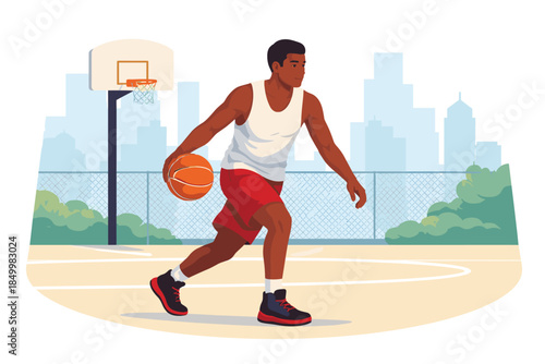 Urban basketball scene: athlete dribbling on outdoor court