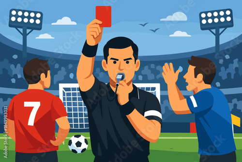 Soccer referee shows red card in animated stadium scene with players reacting