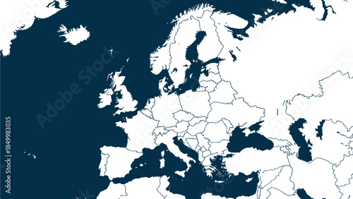 A detailed map displays the continent of Europe with its countries outlined and bodies of water filled with a dark blue color, emphasizing geographical boundaries and maritime regions.