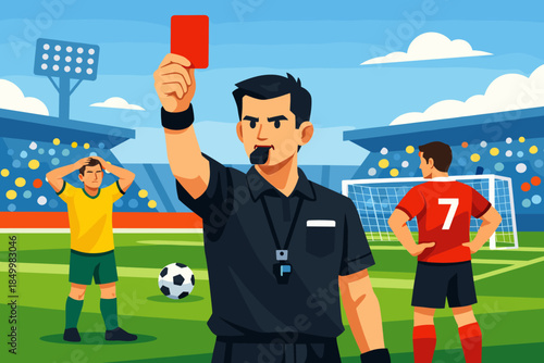 Soccer referee showing red card during intense match on field with players in animated style