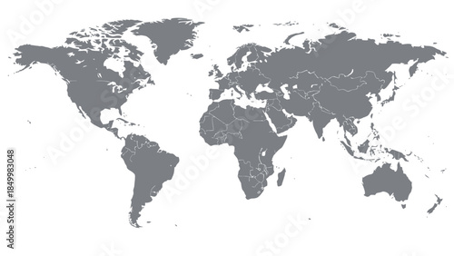 A gray world map showing all continents and countries is presented against a clean white background, illustrating global geography and political divisions.