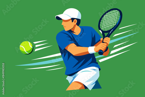 Dynamic tennis player in action with racket and ball in flat design on green background