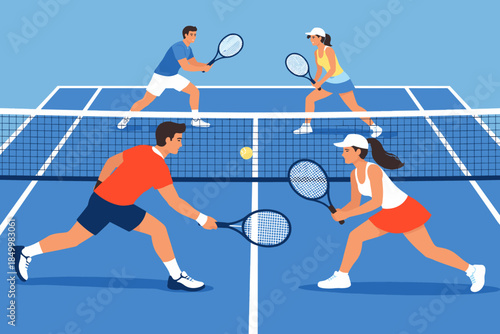 Dynamic tennis match on a blue court featuring mixed doubles action in flat design