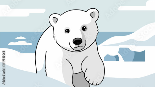Cartoon polar bear illustration in serene Arctic landscape with icebergs and light blue sky