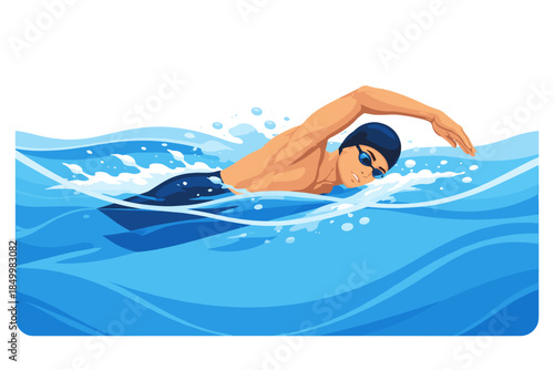 Dynamic swimming motion of man in blue waves with splash effect