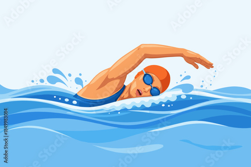 Dynamic freestyle swimming action with splashing water in colorful design