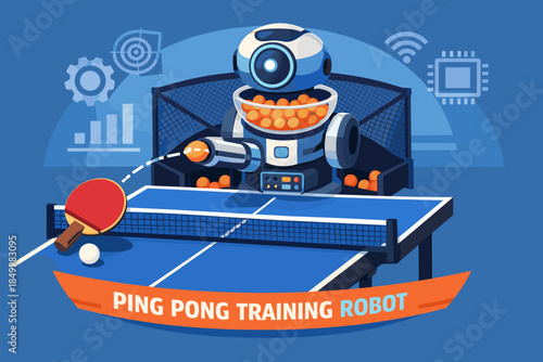 Futuristic robot training for ping pong players on blue background