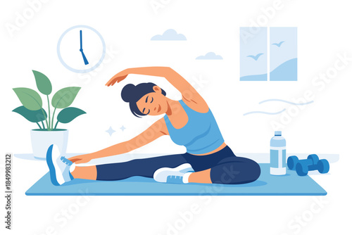 Woman doing yoga on mat at home with indoor plants and exercise equipment in flat style