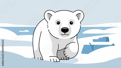 Cartoon polar bear sitting on snowy surface with Arctic landscape background