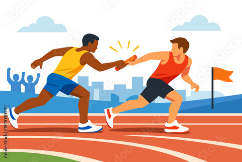Relay race handover on track in flat style with cityscape background