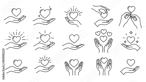 A collection of stylized line art illustrations depicting hands holding and offering hearts, symbolizing love, care, and compassion in various forms.