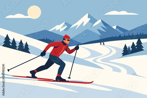 Cross country skiing in winter mountains with scenic snowy landscape