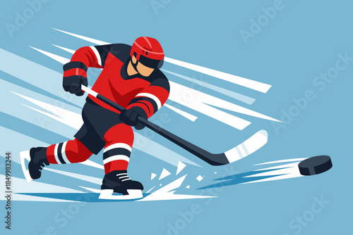 Dynamic ice hockey player in action with puck and stick on blue background