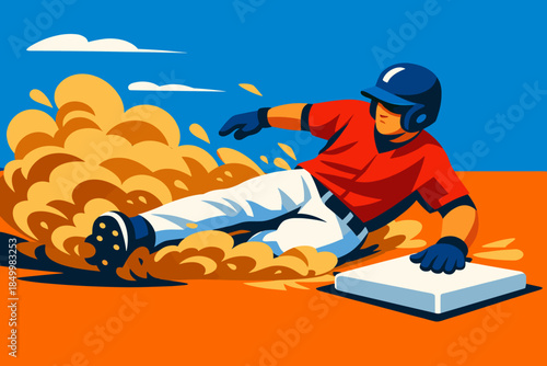 Baseball player sliding into base in dynamic flat art style