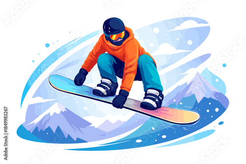 Exciting snowboarding adventure in vibrant cartoon style in winter mountain landscape