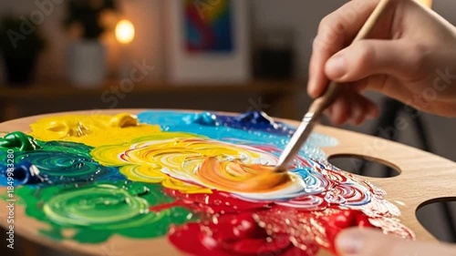 Close-up of a hand mixing paint on a wooden palette with a brush, creating a vibrant blend of colors.