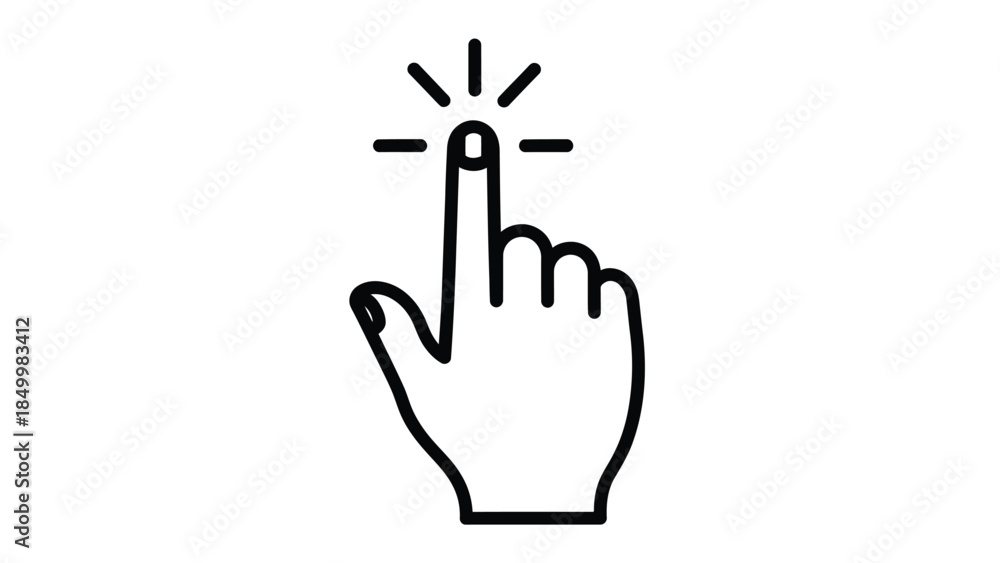 Fototapeta premium A simple line illustration of a human index finger with a glowing tip, indicating a click or selection action on a white background.