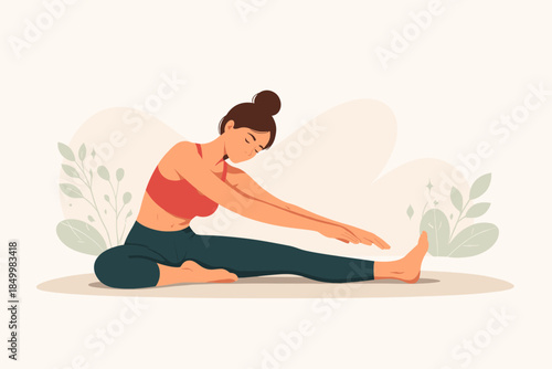 Woman practicing yoga: seated forward bend pose in calm nature setting