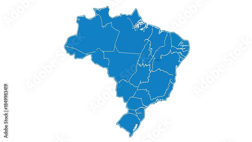 A blue map of Brazil with its internal state borders clearly delineated against a white background, symbolizing national geography and political divisions.