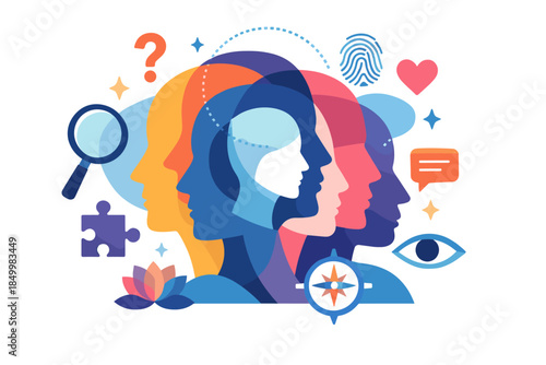 Colorful abstract faces and icons representing communication and identity