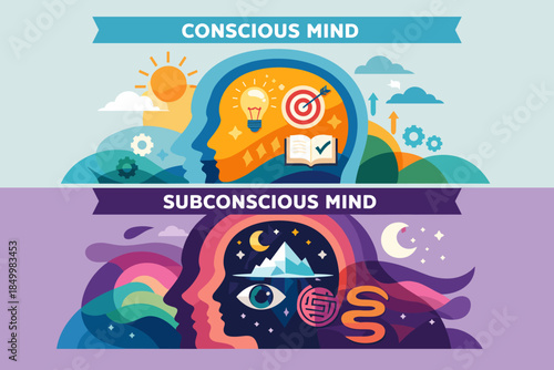 Exploration of conscious and subconscious mind through vibrant illustration